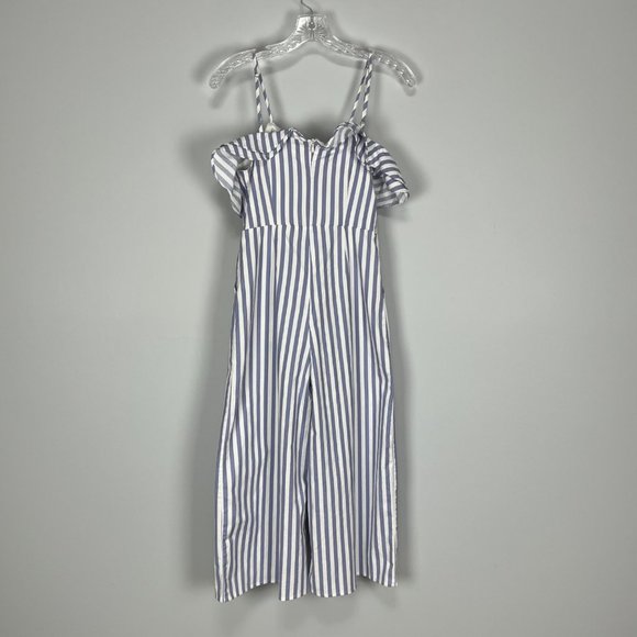 Main Strip Blue White Stripe Ruffle Off Shoulder Romper Jumpsuit size Small - Picture 7 of 12